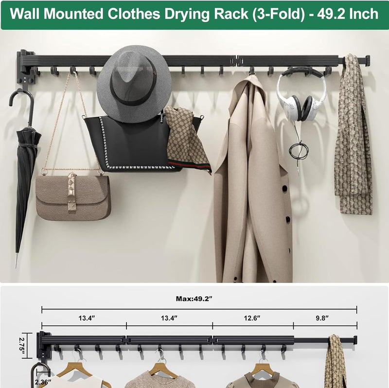 Kelisiting Wall Mount Clothes Drying Rack, Wall Mounted Drying Rack, Upgraded 3-Fold & Sturdy Laundry Drying Rack with 12 Dual-Side Hooks Space Saver for Laundry Room, Apartment, Dorms - Black - Image 5